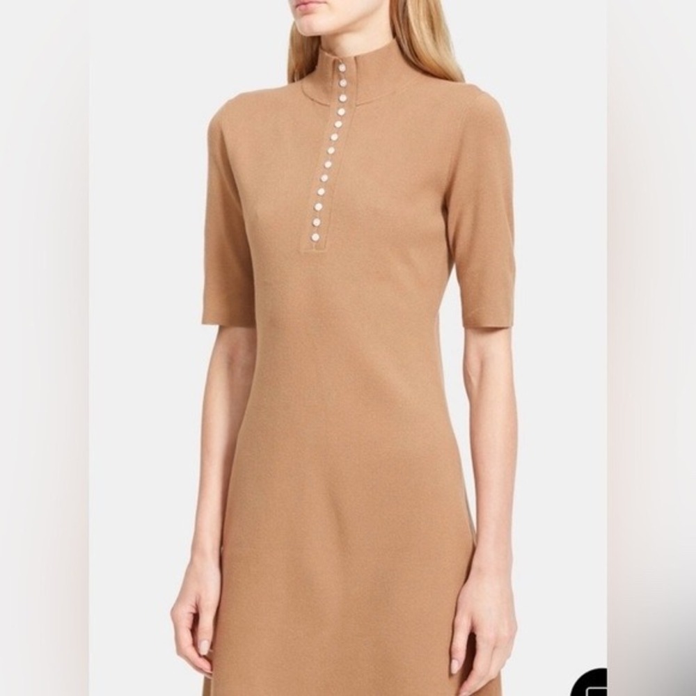 Theory Camel Brown Ribbed Henley Knit Mock Neck Short Sleeve Dress L076704R S